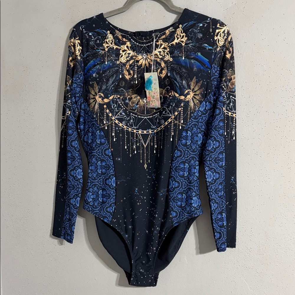 Johnny Was Surf One Piece - Elegant Black and Blue Long Sleeve Leotard